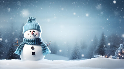 Fototapeta premium snowman using scarf and knitted hat on a pile of snow with winter background copy space