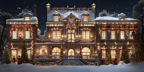 Fototapeta na wymiar A festive of a castle surrounded by winter snow Winter Serenade Charming family Christian home holiday Christmas Hous Image on dark background Ai Generative