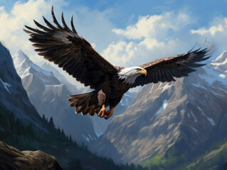 Obraz premium Eagle against a background of forest and mountains. Digital art.