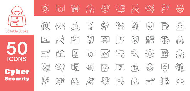Cyber Security icon set. 50 editable stroke vector graphic elements, stock illustration Icon, Data protection, spam, secure, security, antivirus, password, encryption, privacy, padlock and hacker