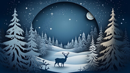 Fototapeta na wymiar paper cut christmas with house tree reindeer and and moon on white snow winter background