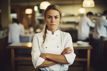 Cropped portrait of a chef standing with her arms folded in the kitchen
