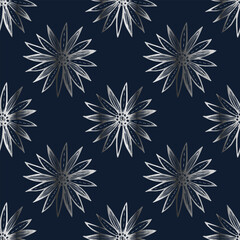 Floral seamless pattern. Texture for your packaging design, wallpaper, wrapping paper, fabric, cover. Fine silver on a blue background.