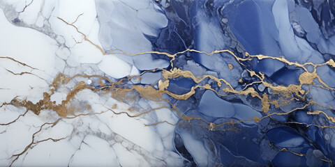 Luxurious blue-white marble background with fine lines of gold dust.