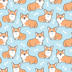 Obraz premium Seamless Pattern of Cute Cartoon Corgi Dog Design on Light Blue Background