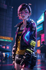 Naklejka premium cyberpunk girl retro city 