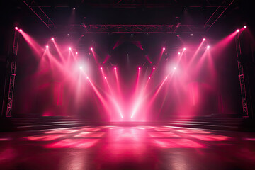 Free stage with lights, Empty stage with red and pink spotlights,. Presentation concept