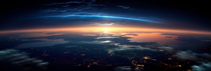 Obraz premium Earth as seen from space, where glowing city lights blend with celestial radiance and wisps of light clouds.