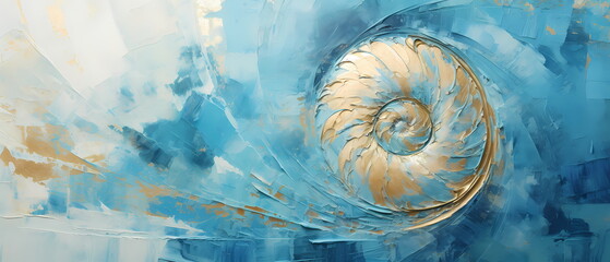 Nautilus shell in blue watercolor painting. Abstract background. - obrazy, fototapety, plakaty