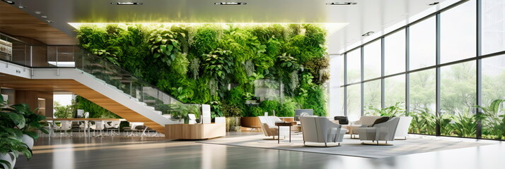 Modern office lobby with sleek furniture, a living green wall, and natural light. - obrazy, fototapety, plakaty