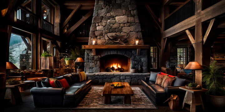 inviting and cozy lodge lobby in a mountain retreat, featuring a stone fireplace, wooden beams, and rustic furnishings.