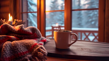 An inviting holiday background set in a cozy cabin with a warm fireplace, snow outside, and a cup of hot cocoa. - obrazy, fototapety, plakaty