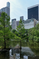 View of Manhanttan skyline as seen from the Pond, one of seven bodies of water in Central Park located near Grand Army Plaza, across Central Park South from the Plaza Hotel, slightly west of Fifth Av.
