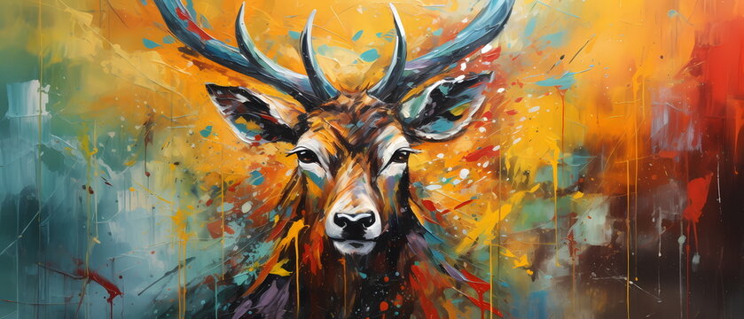 Painting of a wild deer with multicolored spots and splashes