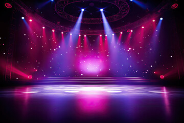 Free stage with lights, Empty stage with red and purple spotlights,. Presentation concept - obrazy, fototapety, plakaty