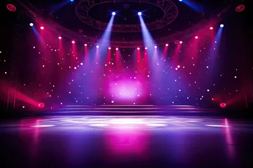 Poster Free stage with lights, Empty stage with red and purple spotlights,. Presentation concept © Planetz