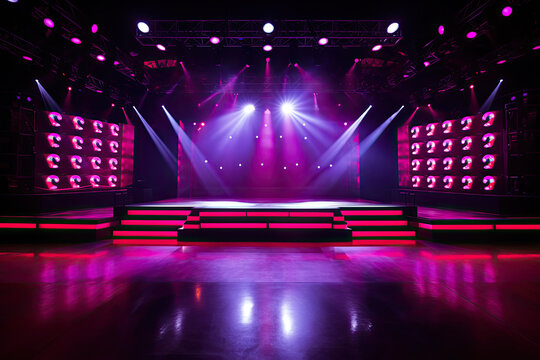 Free stage with lights, Empty stage with red and purple spotlights,. Presentation concept