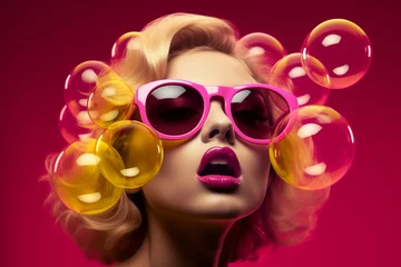 Fototapeten Fashion, make-up, style concept. Beautiful blonde woman with soap bubbles and sunglasses minimalist close-up studio portrait. Vivid colors, pop-art style © Rytis