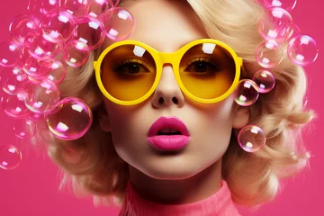 Foto op Plexiglas Fashion, make-up, style concept. Beautiful blonde woman with soap bubbles and sunglasses minimalist close-up studio portrait. Vivid colors, pop-art style © Rytis