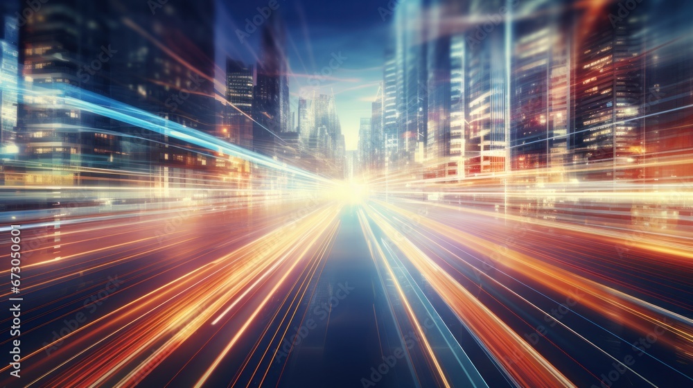 Poster a digital data flow racing along a road with motion blur, creating the impression of high-speed data