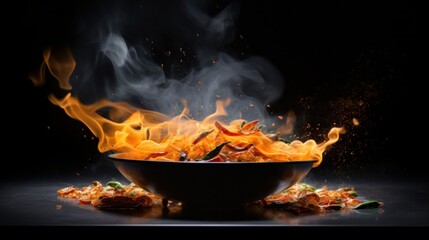 Capturing the frozen motion of a wok pan as it tosses ingredients into the air, surrounded by blazing fire flames. This image vividly portrays culinary dynamism and fiery cooking action