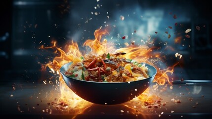 Capturing the frozen motion of a wok pan as it tosses ingredients into the air, surrounded by blazing fire flames. This image vividly portrays culinary dynamism and fiery cooking action