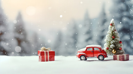  santa toy with red car carrying christmas ornaments on snow copy space background