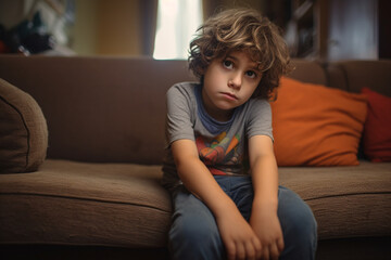 Dramatic Portrait of sad child with his head between his legs left alone at home - obrazy, fototapety, plakaty