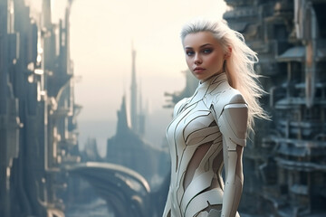 Obraz premium Sci-fi, fantasy, fashion and style, make-up concept. Futuristic beautiful blonde woman portrait with fancy bright futuristic clothing. Future self cyberpunk style