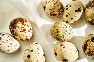 Obraz premium Quail eggs on a white linen towel close-up.