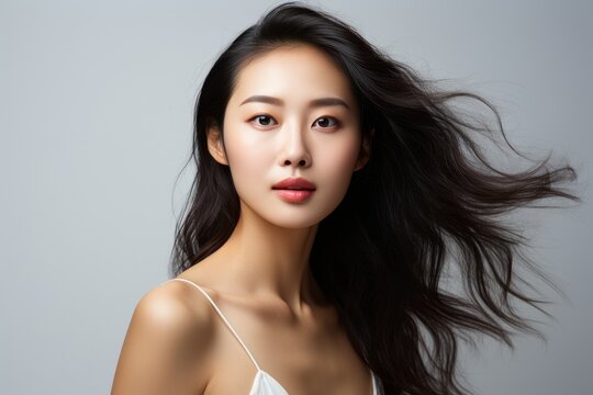 Image of an attractive Asian girl in a beige dress, creating an elegant and positive portrait with her radiant smile on a clean white backdrop. Generative AI