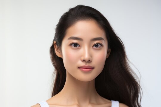 Image of an attractive Asian girl in a beige dress, creating an elegant and positive portrait with her radiant smile on a clean white backdrop. Generative AI