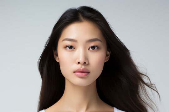 Image of an attractive Asian girl in a beige dress, creating an elegant and positive portrait with her radiant smile on a clean white backdrop. Generative AI