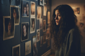 Dramatic shot of Woman feeling sad when looking at picture of lost loved one in the frame