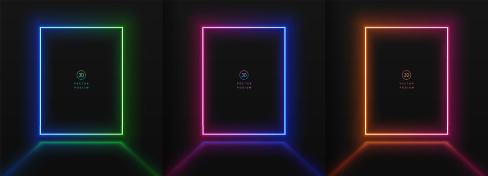 Set of 3D black background with red, green and blue neon lighting lines rectangles frames scene. Abstract minimal mockup product display presentation, Stage showcase. Platform vector geometric design.