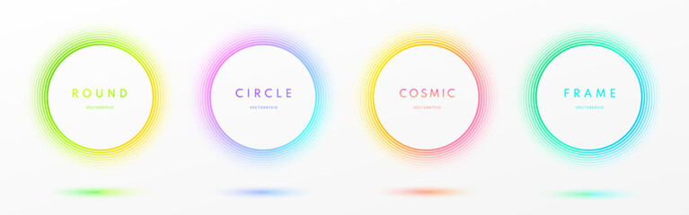 Set of abstract glow neon lighting line circles frames border isolated on white background. Blue, red-purple and green illuminate light round frames collection. Top view technology futuristic elements © JE48