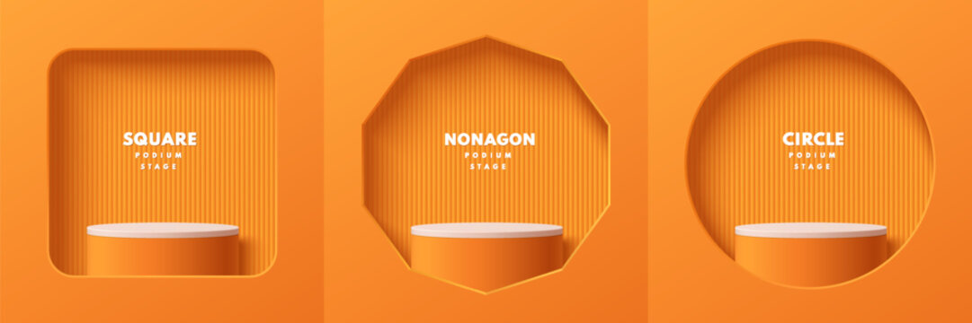 Set of realistic 3d white orange cylinder podium pedestal in square, nonagon and circle window wall scene. Abstract studio room. Pastel minimal scene products stage showcase, Banner promotion display.