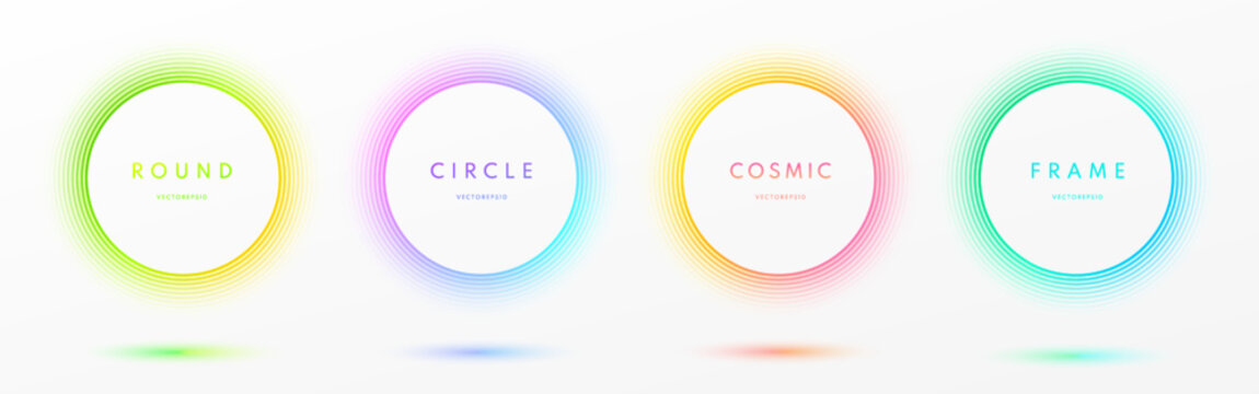 Set of abstract glow neon lighting line circles frames border isolated on white background. Blue, red-purple and green illuminate light round frames collection. Top view technology futuristic elements