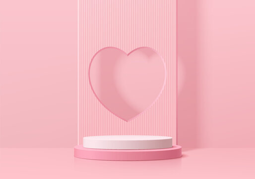 Realistic pink and white 3D cylinder pedestal podium with window heart shape background. Valentine minimal scene for products showcase, Promotion display. Vector abstract studio room  platform design.