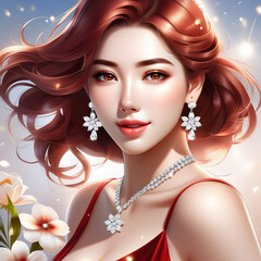 beautiful woman with red-and-brown-hairs5 a-diamond-necklace and earings with flower shape1-generative ai - obrazy, fototapety, plakaty