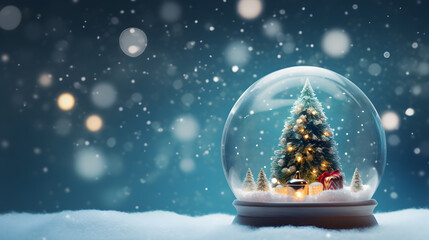 Glass snow globe inside santa christmas tree winter background copy space