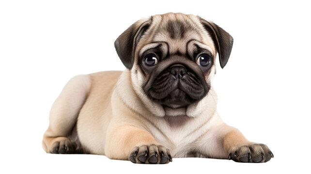 pug dog puppy looking at you , isolated on white background cutout 