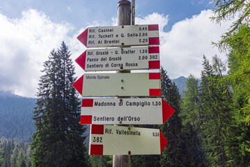 Hiking trails wooden signs in the Adamello-Brenta park. Trentino Alto Adige, Italy
