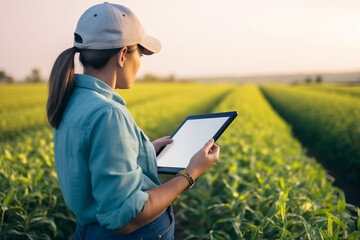Female Farmer is Holding a Digital Tablet in a Farm Field, Smart Farming
