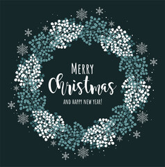 Christmas and happy new year blue wreath. Leaves and snowflakes. Vector illustration. Winter holidays.