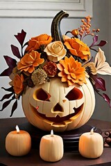 Pumpkin with mask, spa stones and leaves on light background,Halloween pumpkin party, Big terrible Pumpkin lighten and reflection on wooden table background. Halloween pumpkin with scary face. Place 