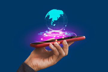 Holding smartphone with virtual Global Internet connection. Global internet connection application...