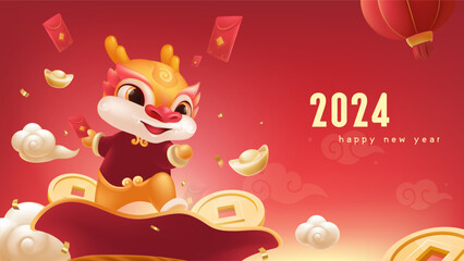 Spring Festival background design a cute dragon standing on a lucky bag holding a red envelope - obrazy, fototapety, plakaty