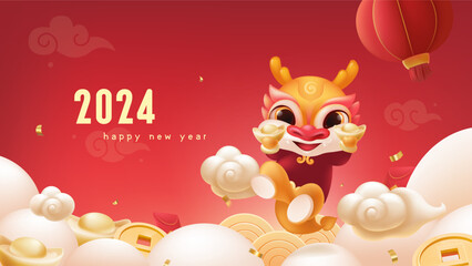 Spring Festival background design a lovely dragon holding gold ingot in both hands