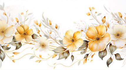gorgeous gold flowers blowing, frame green leaves in the wind white background, like watercolor paint